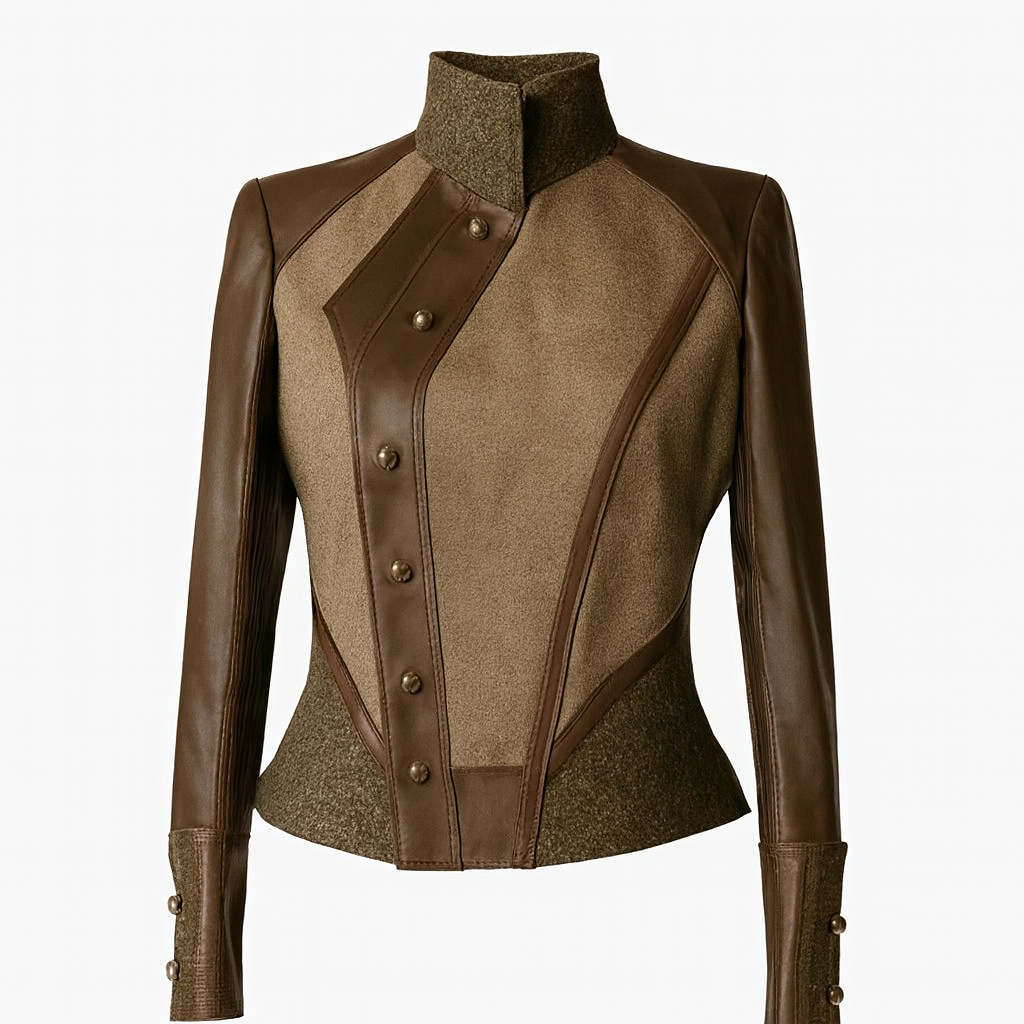 NUTO Equestrian Series Stand Up Collar Equestrian Slanted Placket Spliced Leather Jacket Elegant Slim Short Jacket for Women's Spring Temperament