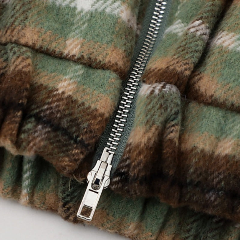 Womens American-Style Retro Color-Block Plaid Wool Coat With A Notch Lapel