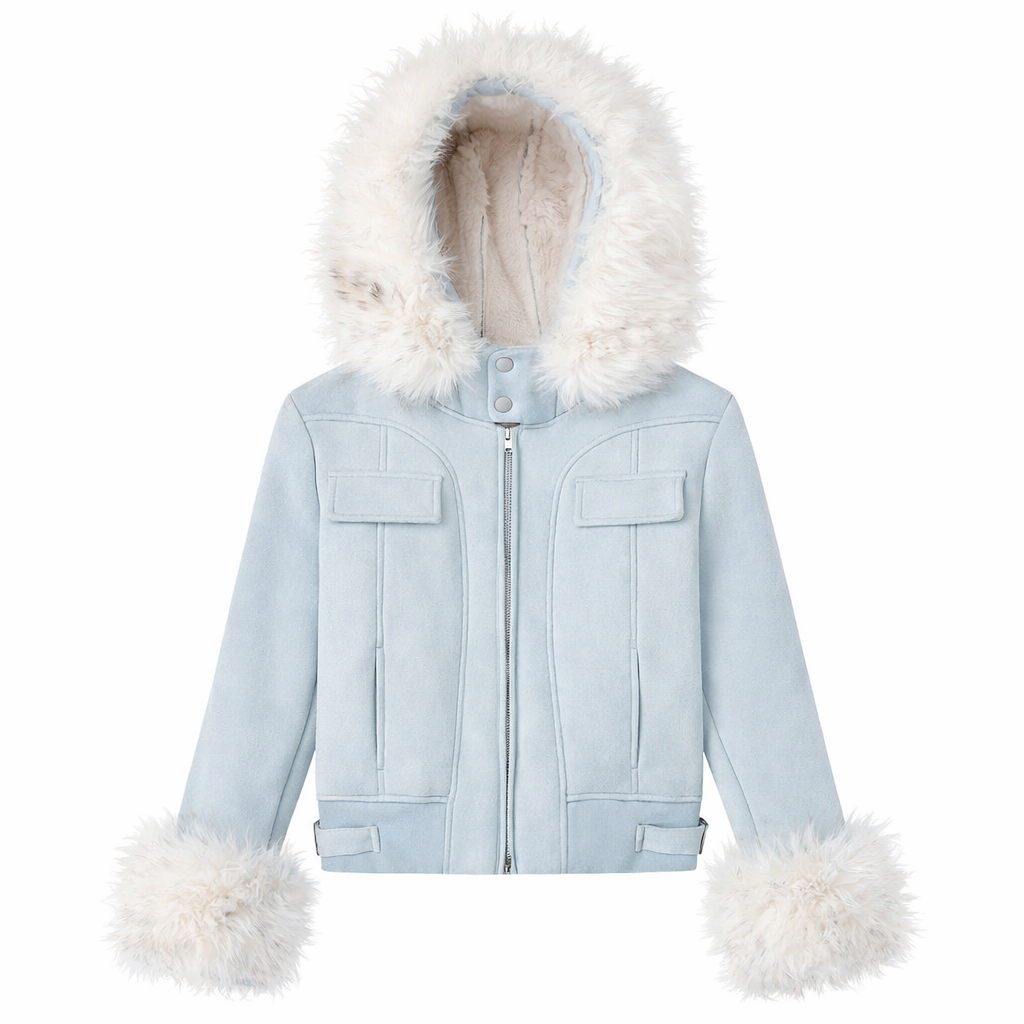 Womens Retro Detachable Big Fur Collar Hooded Padded Coat Slim Fit