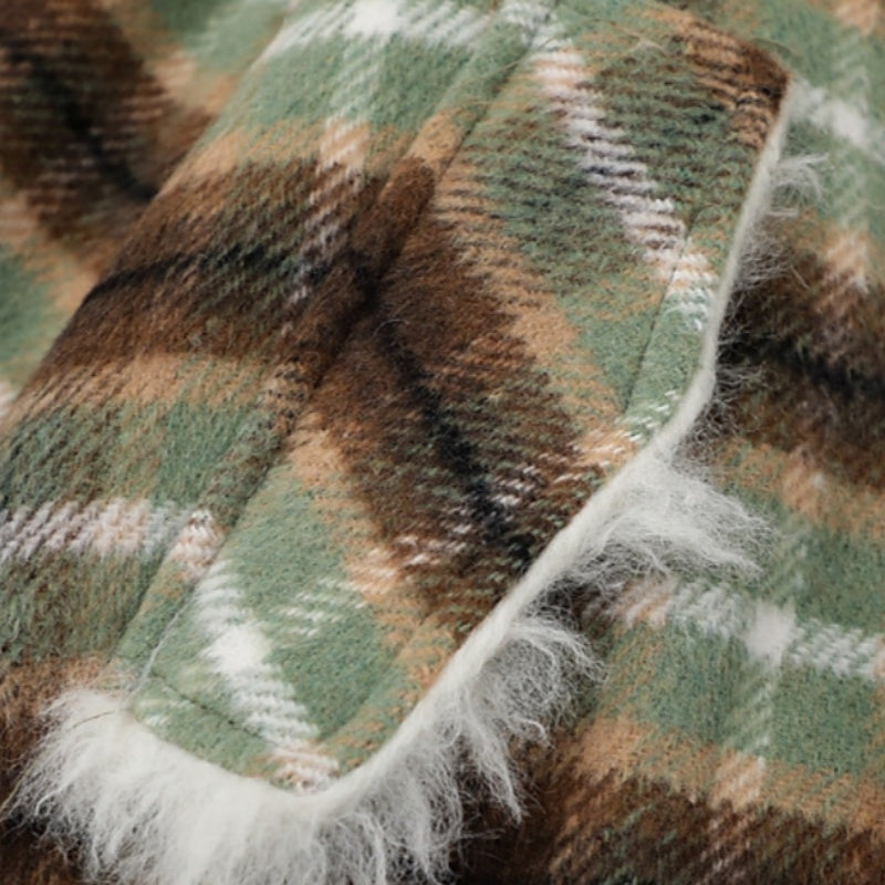 Womens American-Style Retro Color-Block Plaid Wool Coat With A Notch Lapel