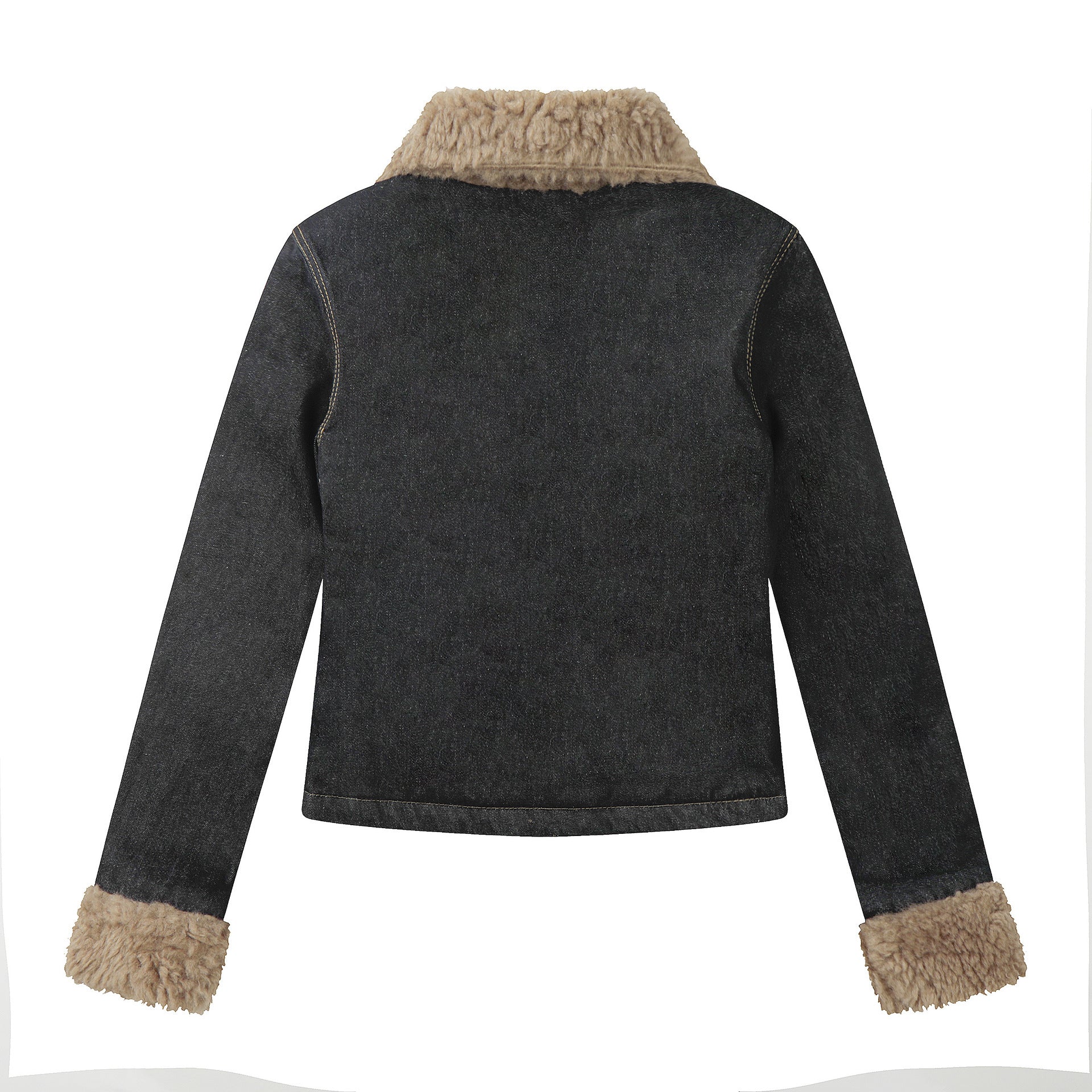 Womens Winter Fleece-Lined Denim Jacket With Washed Lambswool Collar