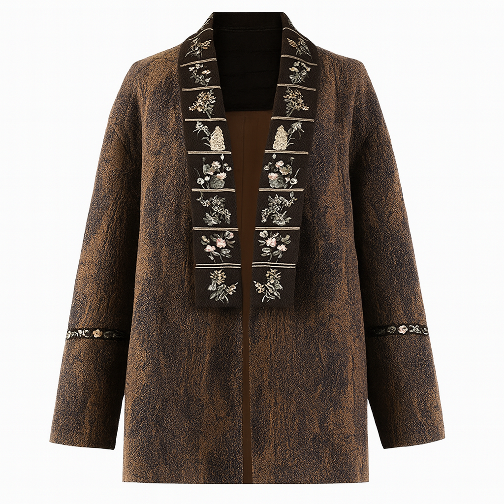 NUTO high-end sense lapel placket floral embroidery new Chinese jacquard warm mid-length coat jacket women's autumn and winter