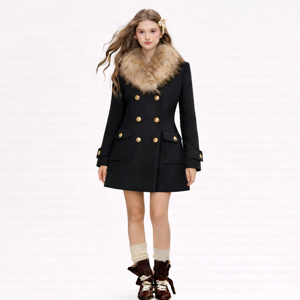 Black Vintage Coat With Fur Collar