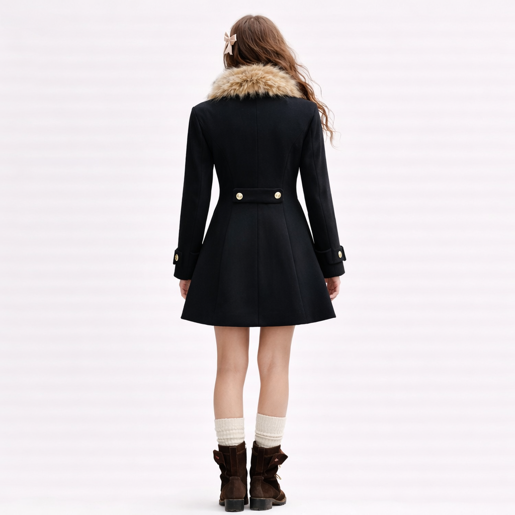Black Vintage Coat With Fur Collar