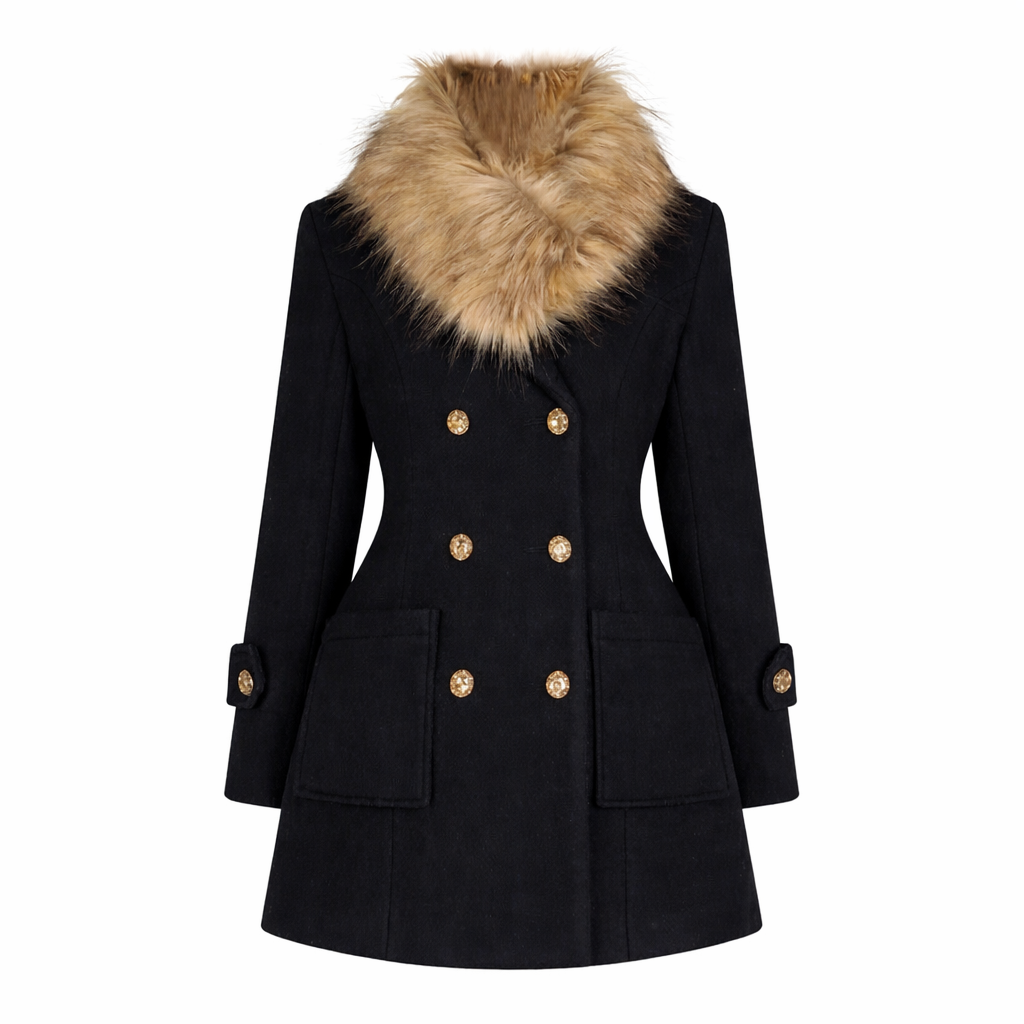 Black Vintage Coat With Fur Collar