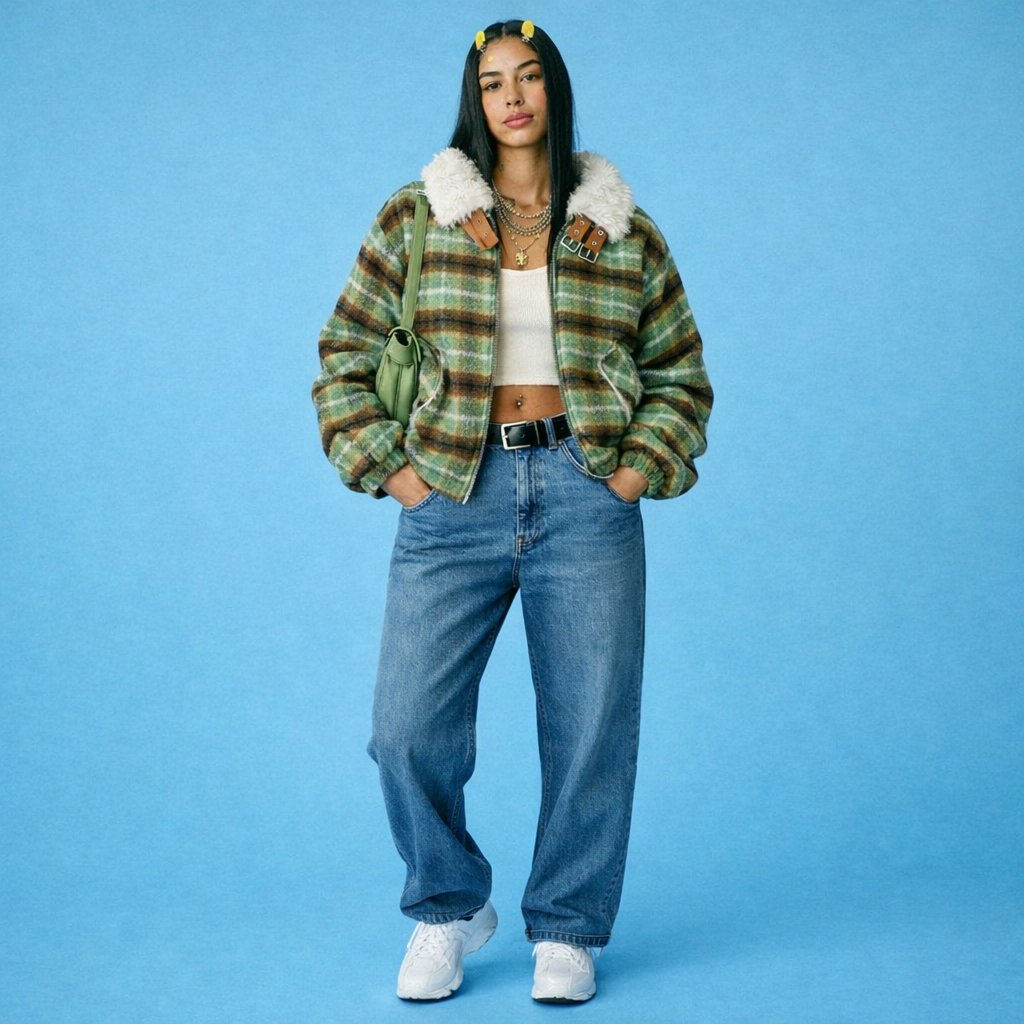 Womens American-Style Retro Color-Block Plaid Wool Coat With A Notch Lapel