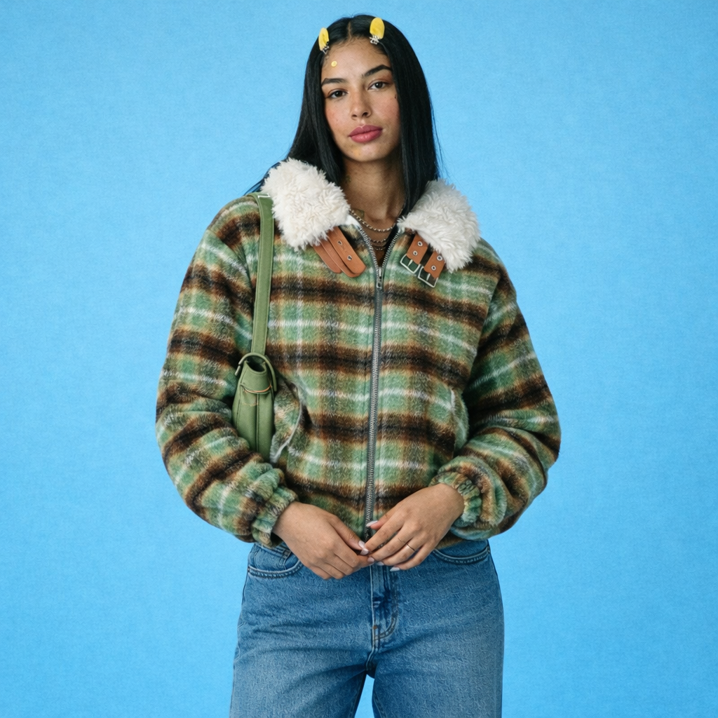 Womens American-Style Retro Color-Block Plaid Wool Coat With A Notch Lapel