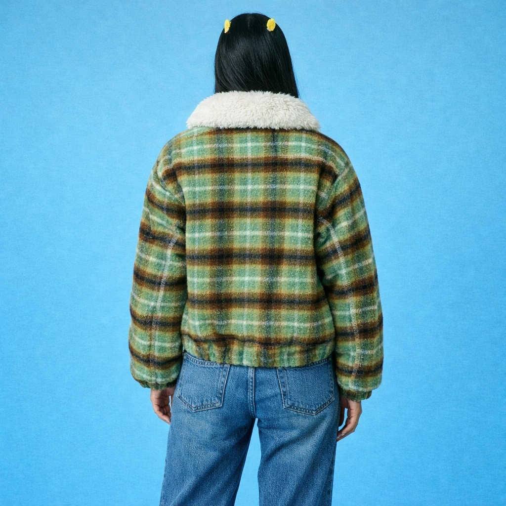 Womens American-Style Retro Color-Block Plaid Wool Coat With A Notch Lapel