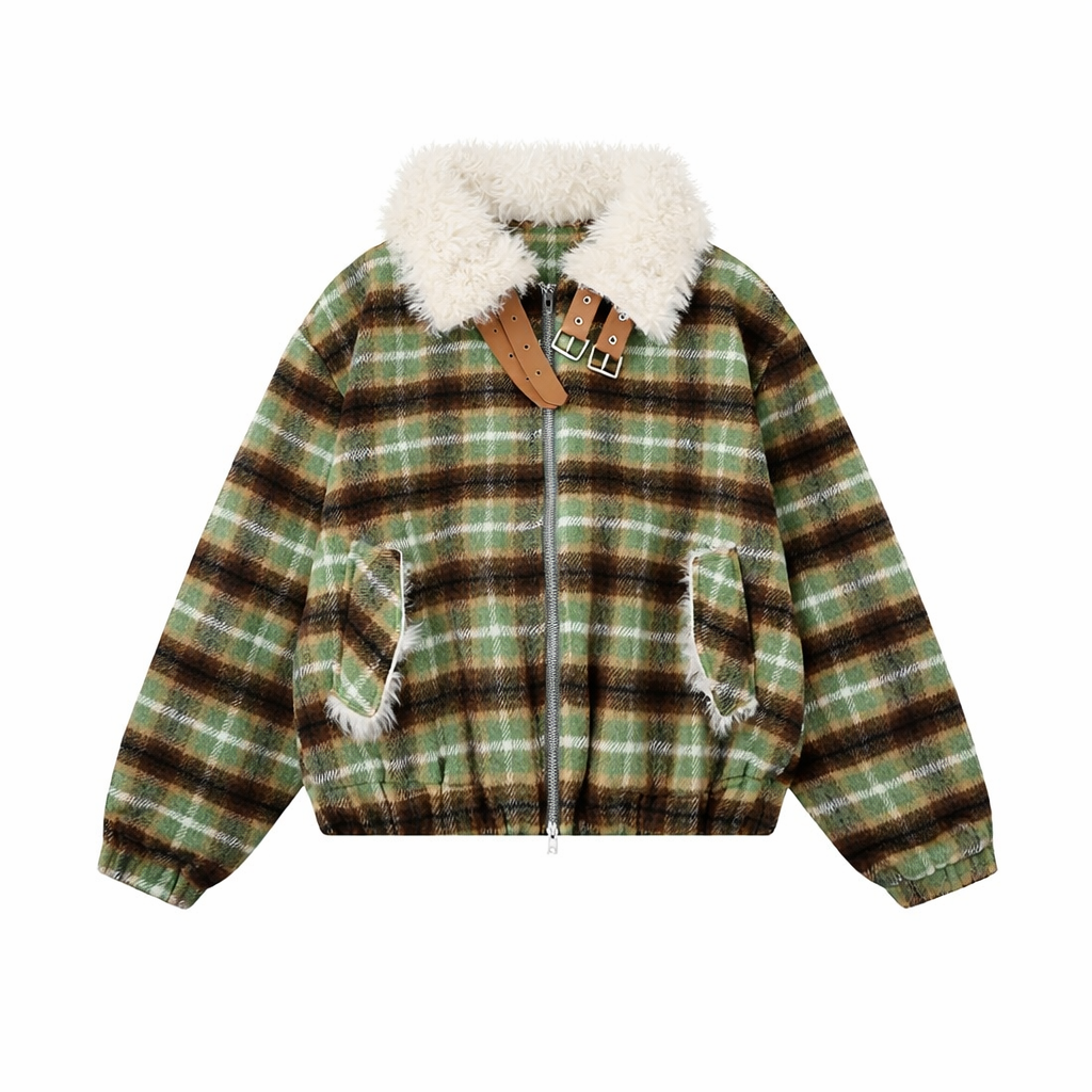 Womens American-Style Retro Color-Block Plaid Wool Coat With A Notch Lapel