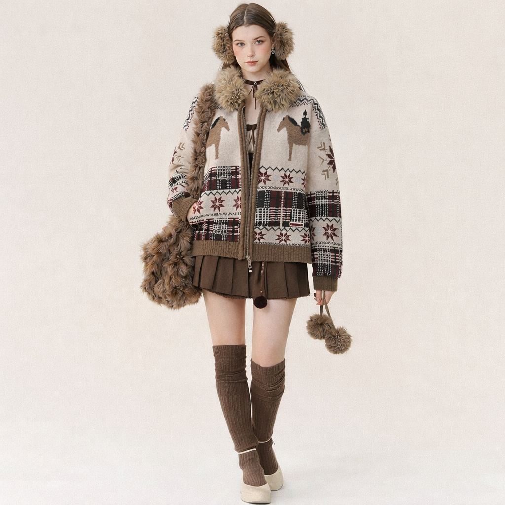 Womens Retro Color-Block Fur-Trim Cardigan Sweater