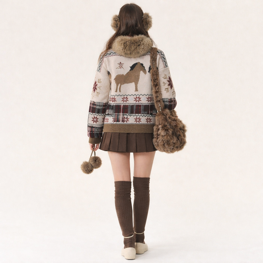 Womens Retro Color-Block Fur-Trim Cardigan Sweater
