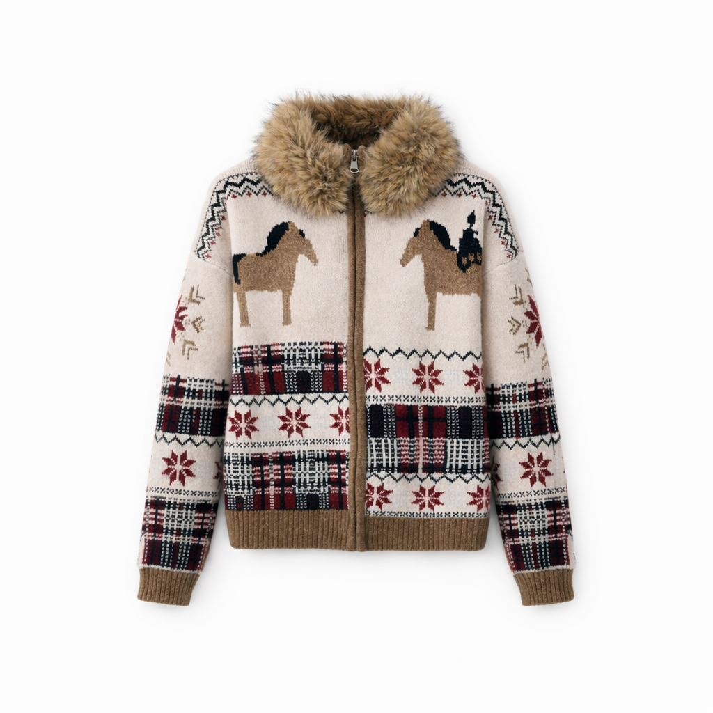 Womens Retro Color-Block Fur-Trim Cardigan Sweater