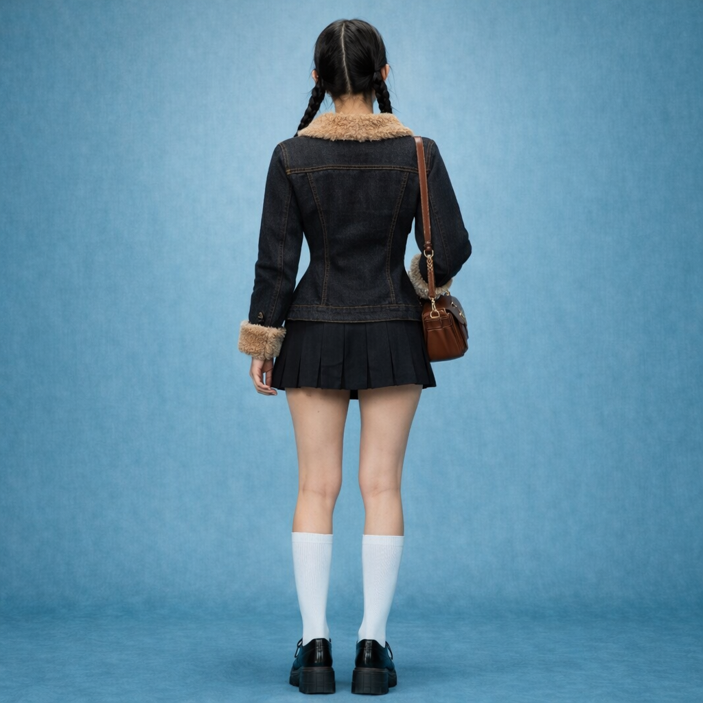 Womens Winter Fleece-Lined Denim Jacket With Washed Lambswool Collar