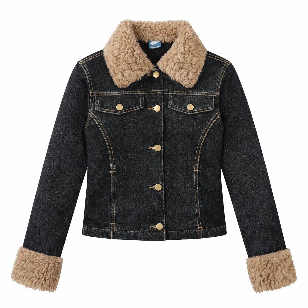 Womens Winter Fleece-Lined Denim Jacket With Washed Lambswool Collar