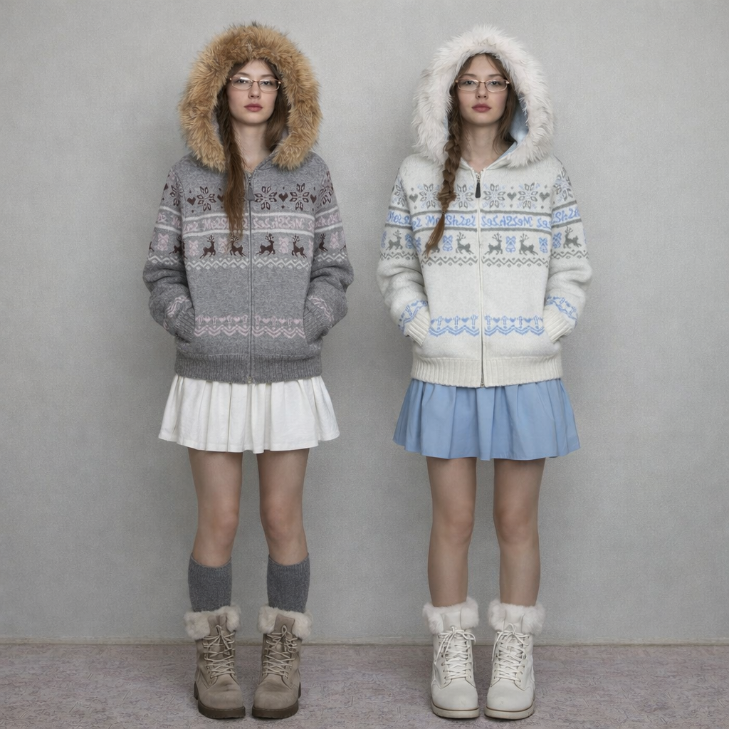 TOOHIGH Korean Fair Isle Detachable Fur Collar Knitted Jacket Women's Autumn and Winter Lazy Gentle Style Hooded Sweater