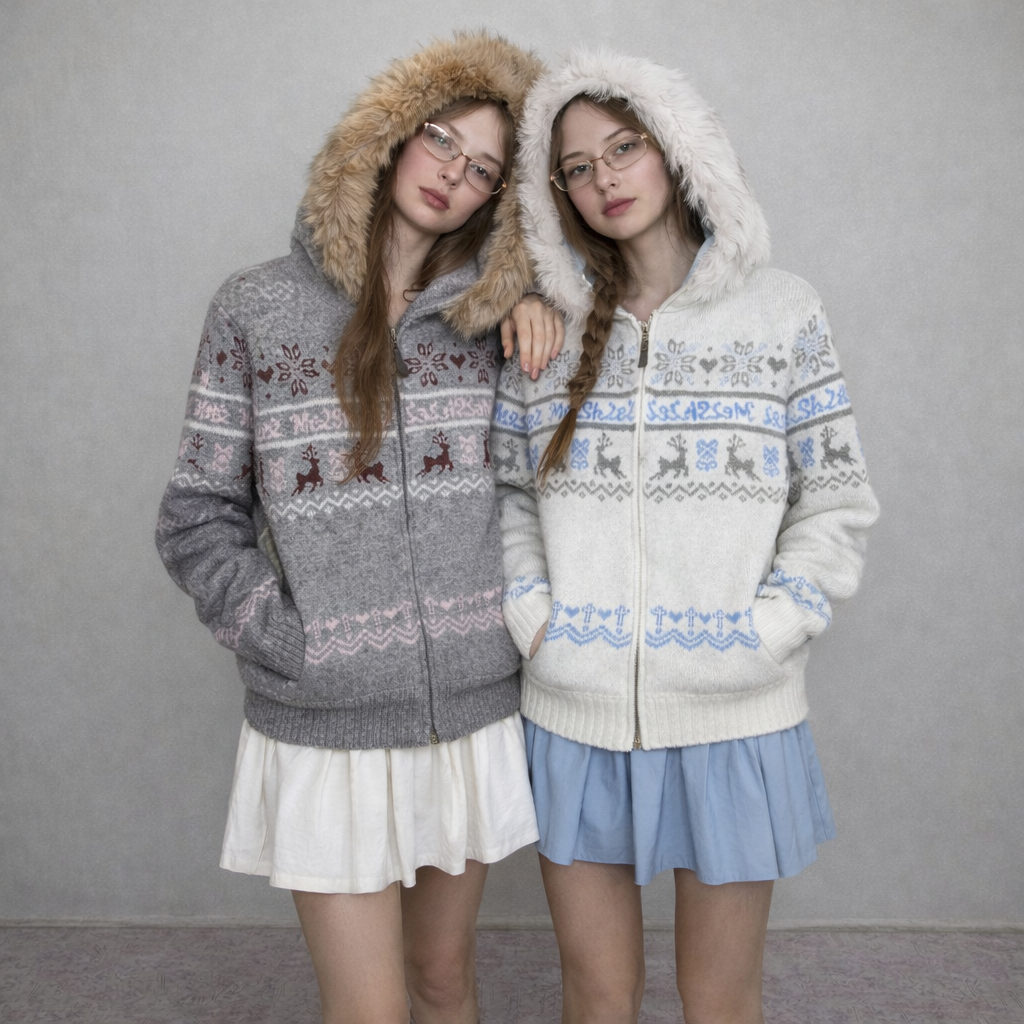 TOOHIGH Korean Fair Isle Detachable Fur Collar Knitted Jacket Women's Autumn and Winter Lazy Gentle Style Hooded Sweater