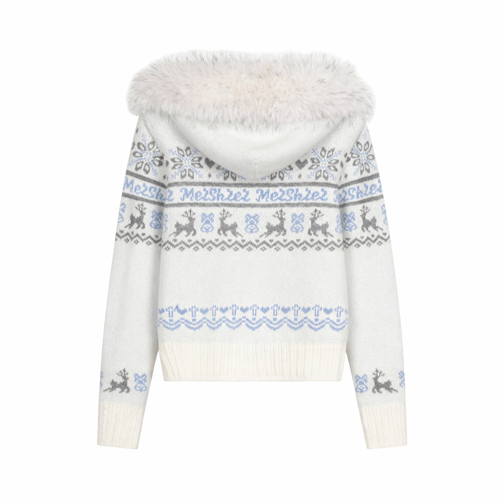 TOOHIGH Korean Fair Isle Detachable Fur Collar Knitted Jacket Women's Autumn and Winter Lazy Gentle Style Hooded Sweater