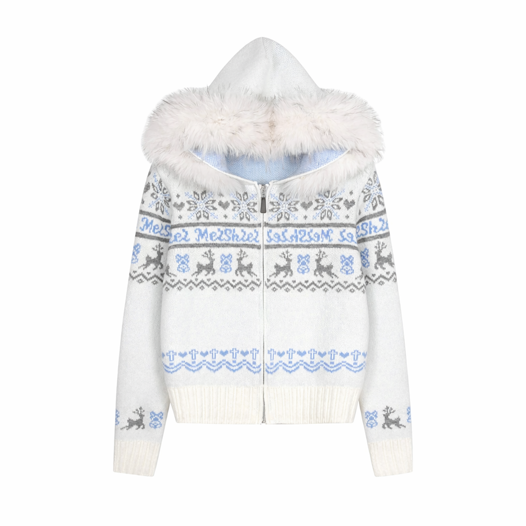 TOOHIGH Korean Fair Isle Detachable Fur Collar Knitted Jacket Women's Autumn and Winter Lazy Gentle Style Hooded Sweater