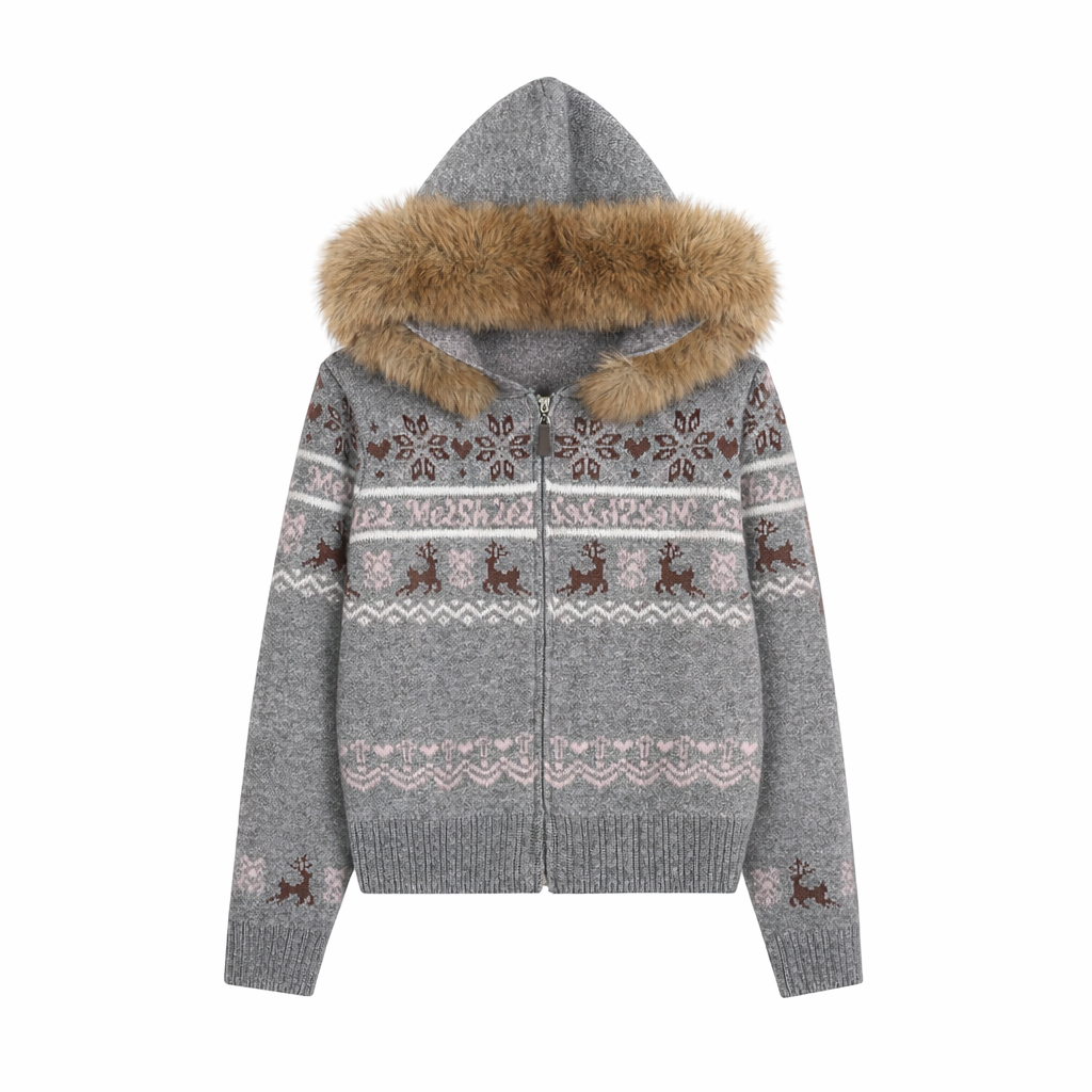 TOOHIGH Korean Fair Isle Detachable Fur Collar Knitted Jacket Women's Autumn and Winter Lazy Gentle Style Hooded Sweater