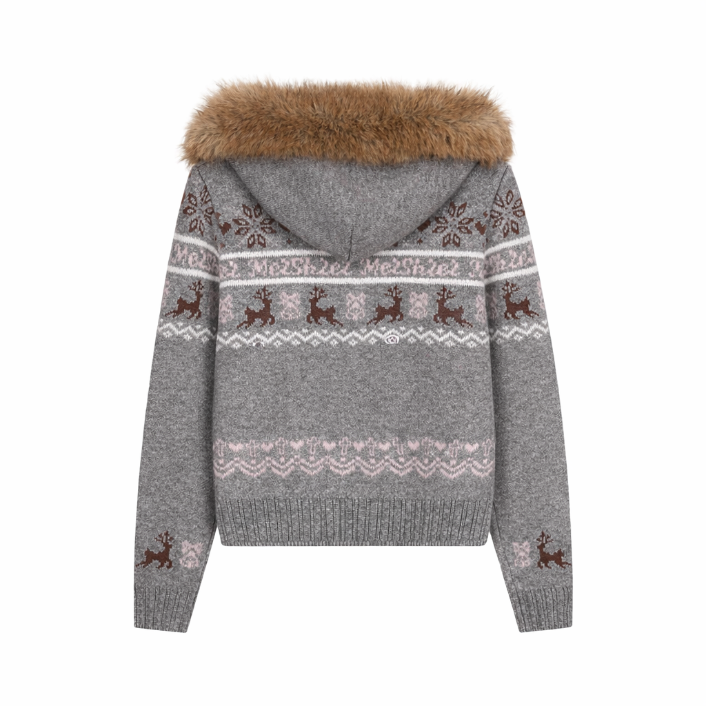 TOOHIGH Korean Fair Isle Detachable Fur Collar Knitted Jacket Women's Autumn and Winter Lazy Gentle Style Hooded Sweater