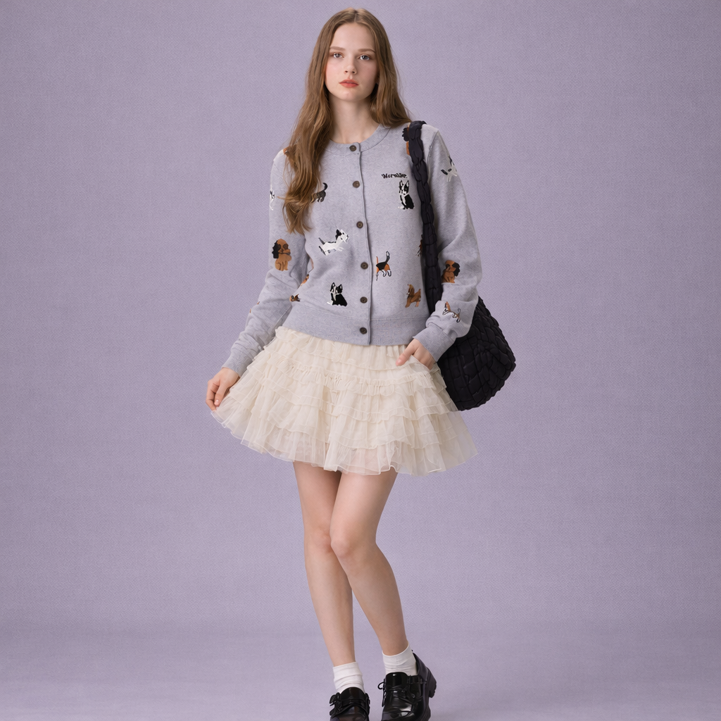 American Retro Gray Puppy Cardigan Sweater