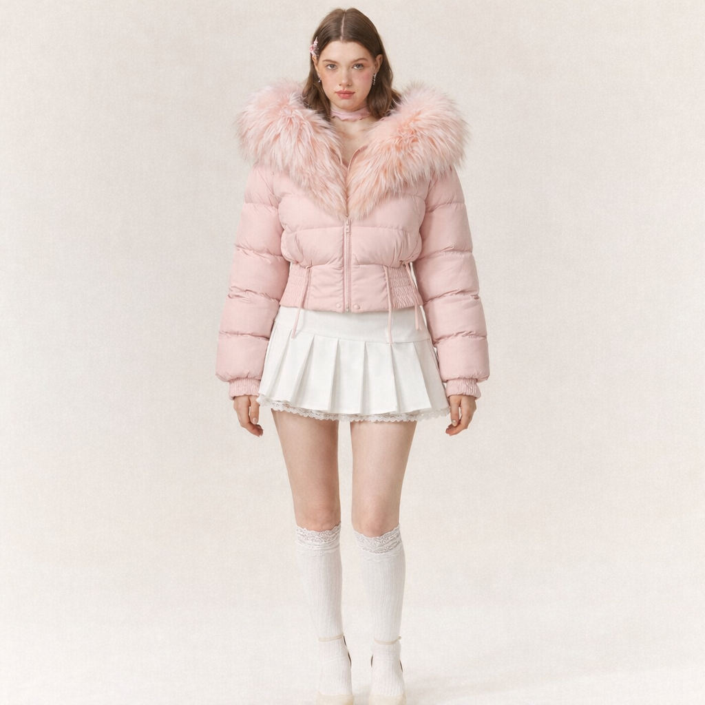 Pink big fur collar hooded down cotton jacket women's winter 2025 new small fragrance warm thickened cotton jacket