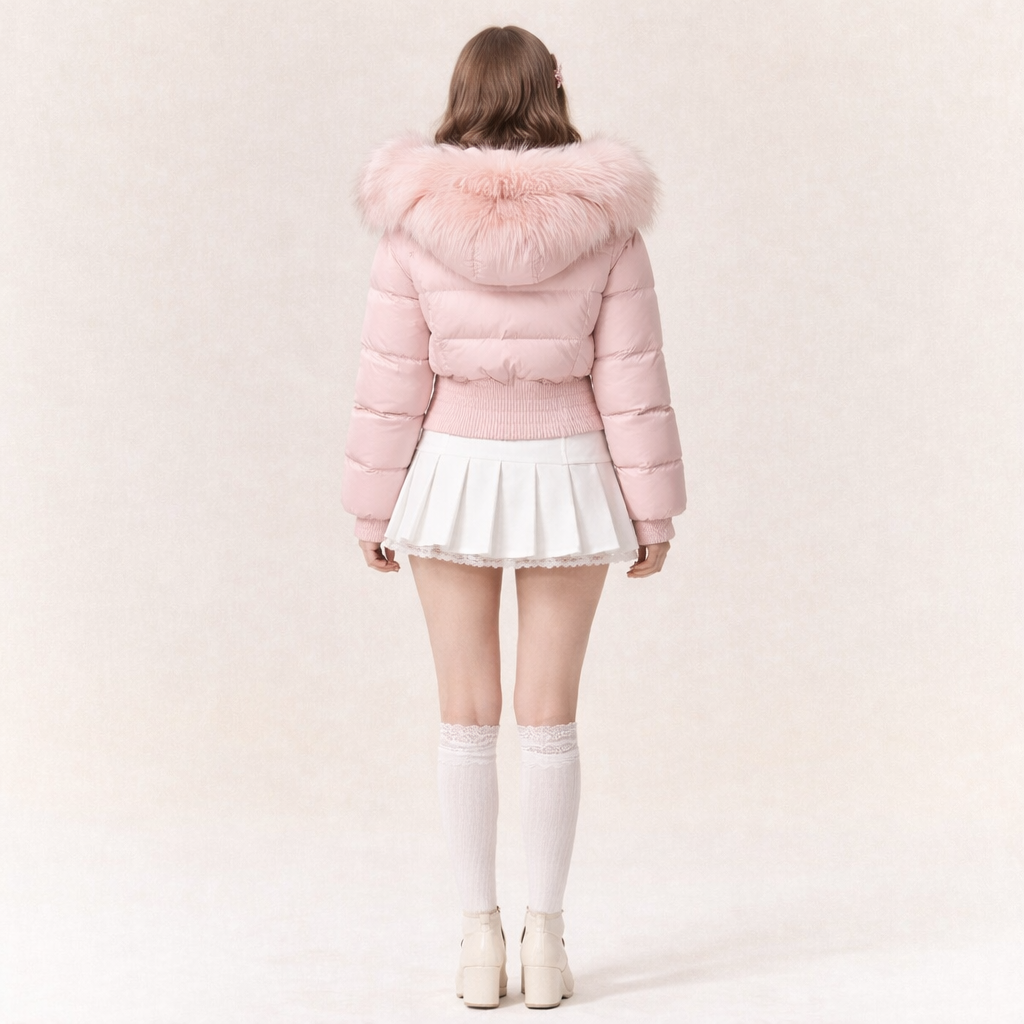 Pink big fur collar hooded down cotton jacket women's winter 2025 new small fragrance warm thickened cotton jacket