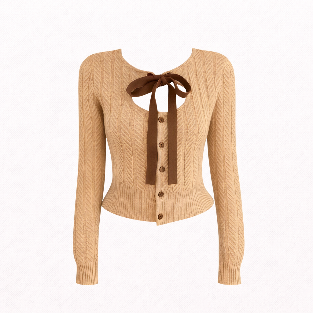 Bow lace-up knitted cardigan women's autumn and winter slim and versatile gentle and sweet girl top