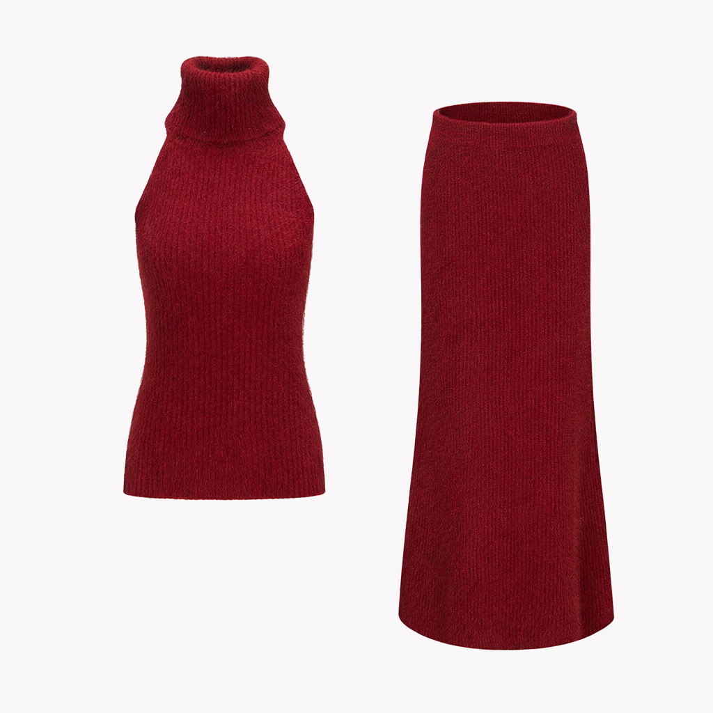 BANGON red knitted suit skirt high neck sleeveless design sense new temperament two-piece set for spring 2026
