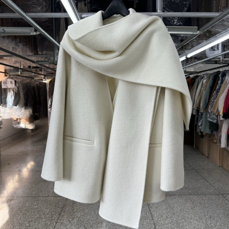 Black scarf, reversible wool coat, women's short model, 2025 autumn/winter new Korean fashion temperament woolen jacket