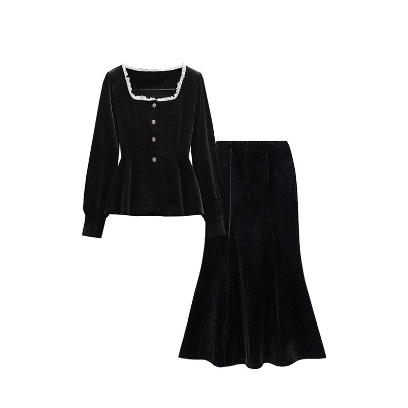 Cara CLUB plus size long sleeve small fragrant style suit skirt women's autumn fat mm French gold velvet shirt skirt