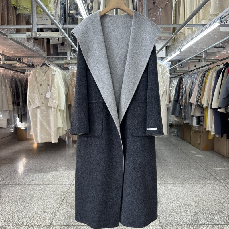 Hooded color-blocked reversible wool coat women's mid-length 25 new loose straight warm woolen jacket