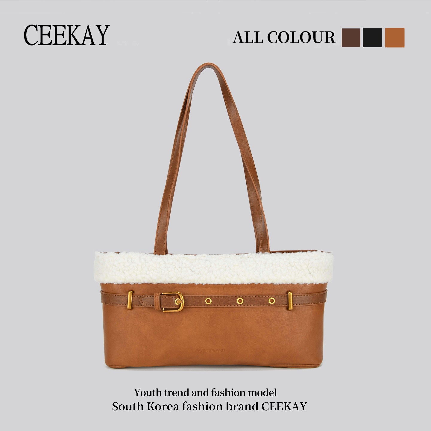 CEEKAY genuine Korean plush patchwork tote bag women's autumn and winter high-end niche design one-shoulder handbag