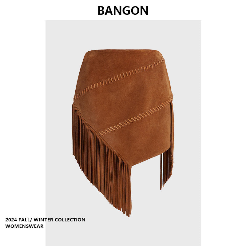 BANGON retro suede skirt tassel design sense niche 2025 new high-waisted slim skirt for women