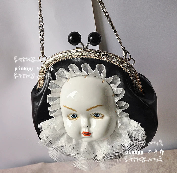 "pinkyy の hand made" antique ceramic doll face retro strange Gothic handmade diagonal cross gold bag