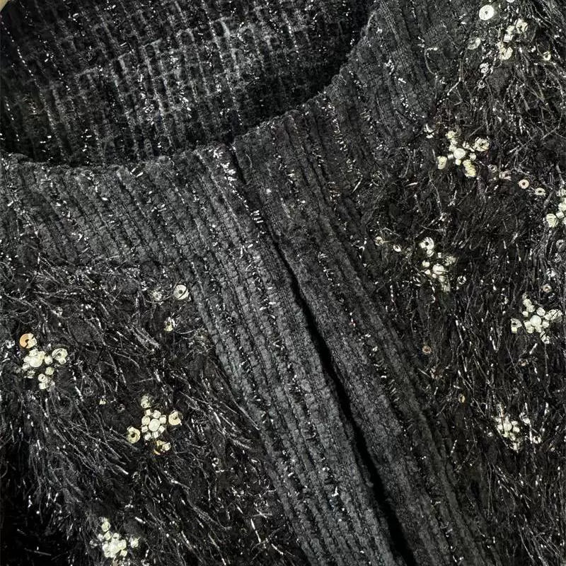 Unique small fragrance short jacket top, 25 years spring, new round neck, French temperament, heavy work nail beads, high-end feeling