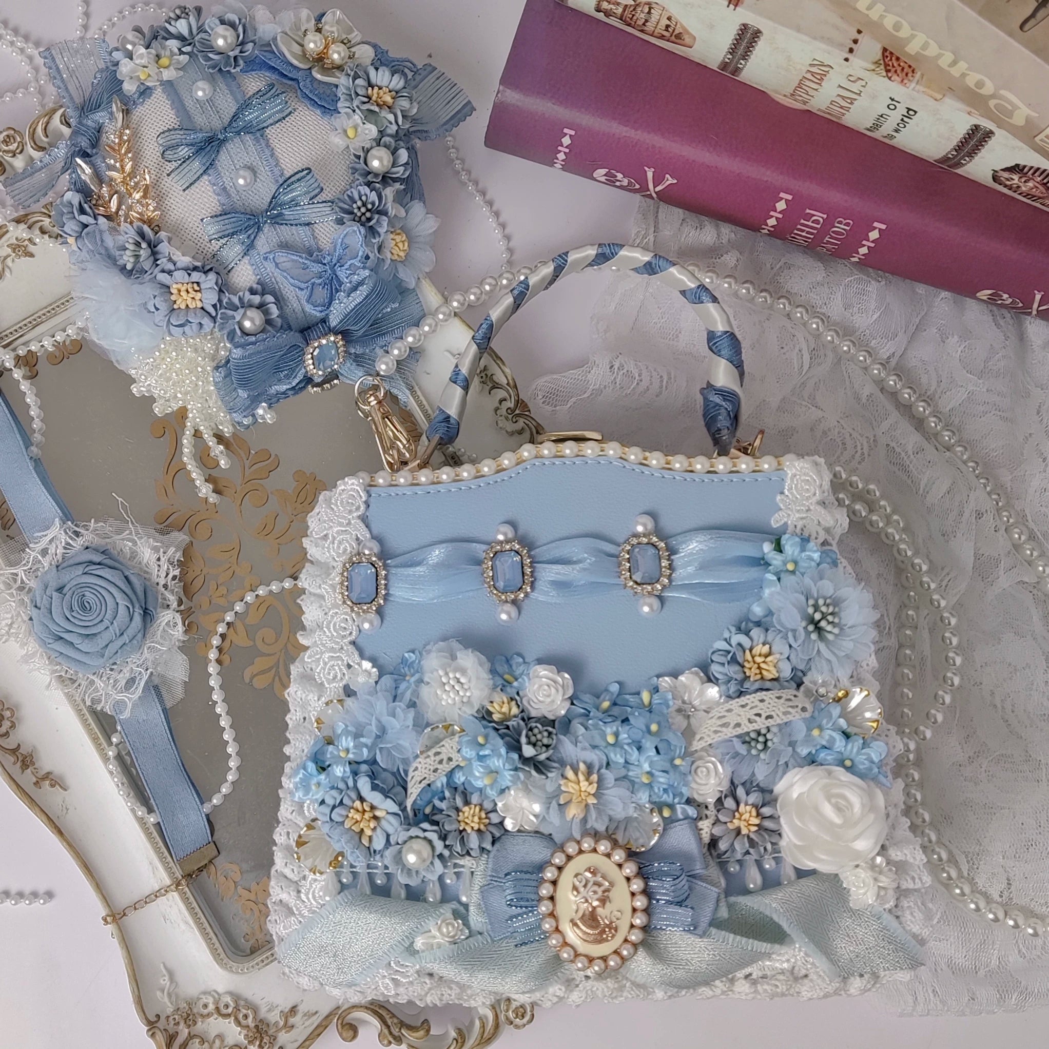 Blue handmade Lolita bridal vintage crossbody bag CLA style original Lolita handbag