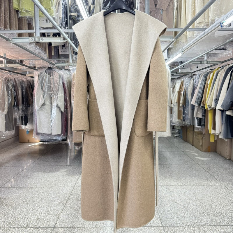 Hooded color-blocked reversible wool coat women's mid-length 25 new loose straight warm woolen jacket