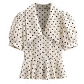 CaraCLUB Plus Size Doll Collar Polka Dot Puff Sleeve Chiffon Shirt Women's 2025 New Summer French Chic Short Sleeves
