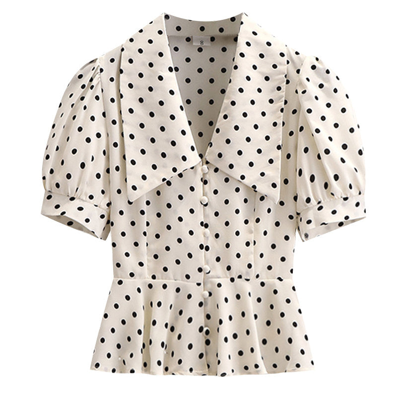 CaraCLUB Plus Size Doll Collar Polka Dot Puff Sleeve Chiffon Shirt Women's 2025 New Summer French Chic Short Sleeves
