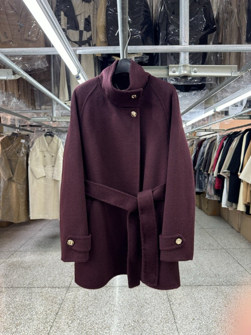 Cigarette neck reversible wool coat women's cropped petite fall and winter new loose lace-up A-shaped woolen jacket