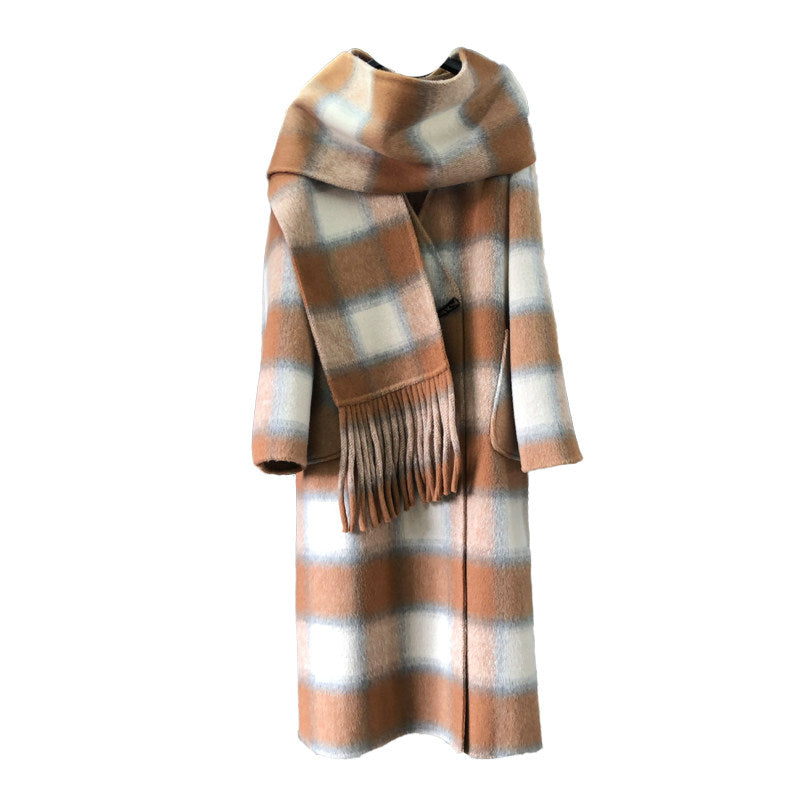 Large plaid reversible cashmere coat women's mid-length 25 autumn and winter new Korean scarf V-neck A-shaped woolen jacket