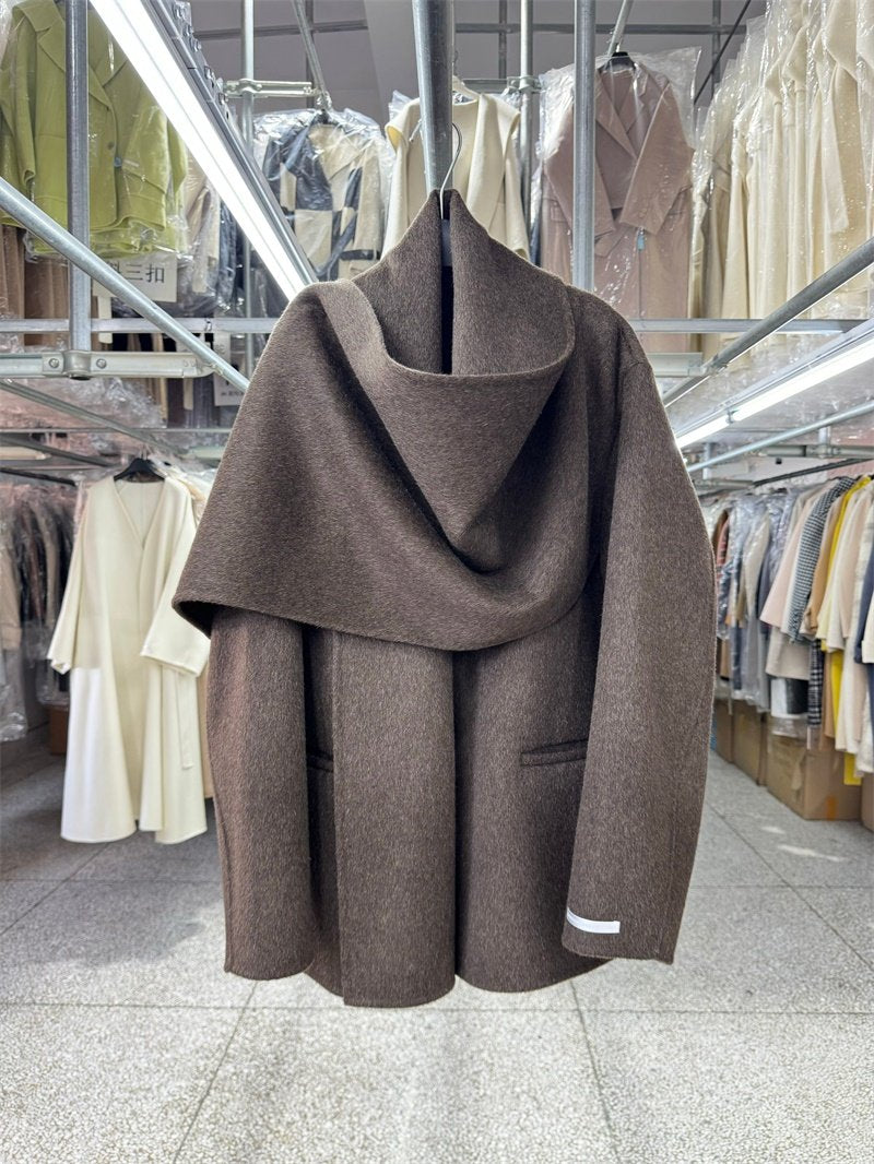 Coffee-colored yak fleece scarf, shawl, reversible wool coat, women's short 25, new loose high-end woolen jacket