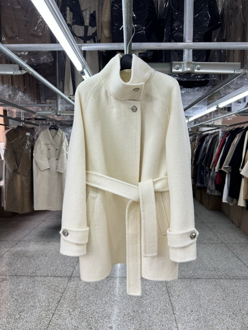 Cigarette neck reversible wool coat women's cropped petite fall and winter new loose lace-up A-shaped woolen jacket