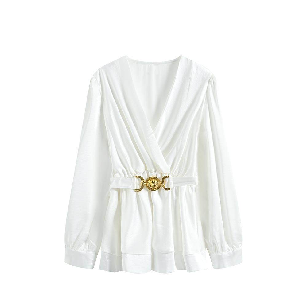 Cara CLUB large-size design shirt women's autumn fat sister French temperament age-reducing slimming long-sleeved top