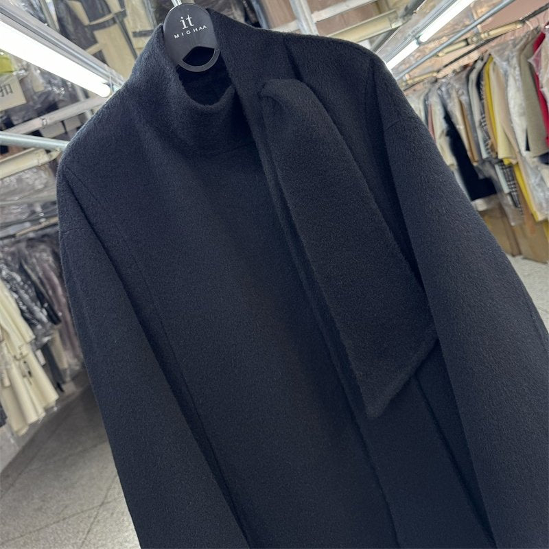 Yak Down French Elegant Black Stand Collar Reversible Wool Coat Women's Mid-Length 25 Fall/Winter Loose Tweed Jacket