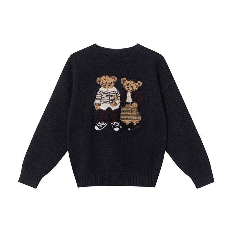 Cartoon bear jacquard embroidery crew neck sweater women's autumn and winter new cute age-reducing loose pullover knitted top