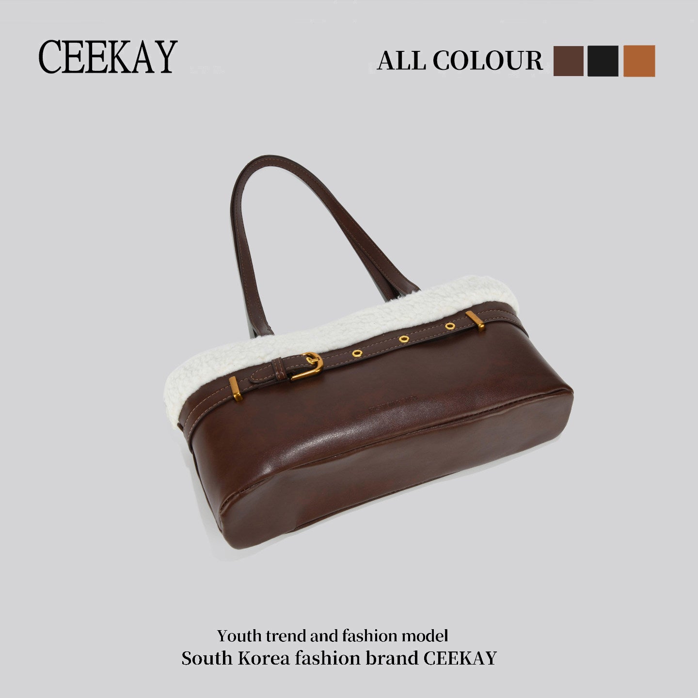 CEEKAY genuine Korean plush patchwork tote bag women's autumn and winter high-end niche design one-shoulder handbag
