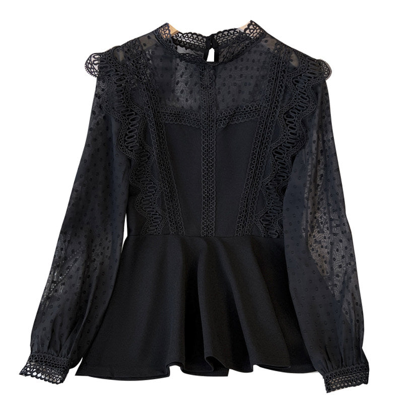 Cara CLUB plus-size polka dot lace chiffon shirt women's early autumn fashion foreign style slimming celebrity vintage top