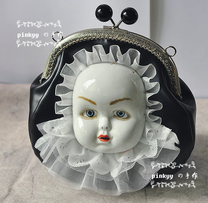 "pinkyy の hand made" antique ceramic doll face retro strange Gothic handmade diagonal cross gold bag